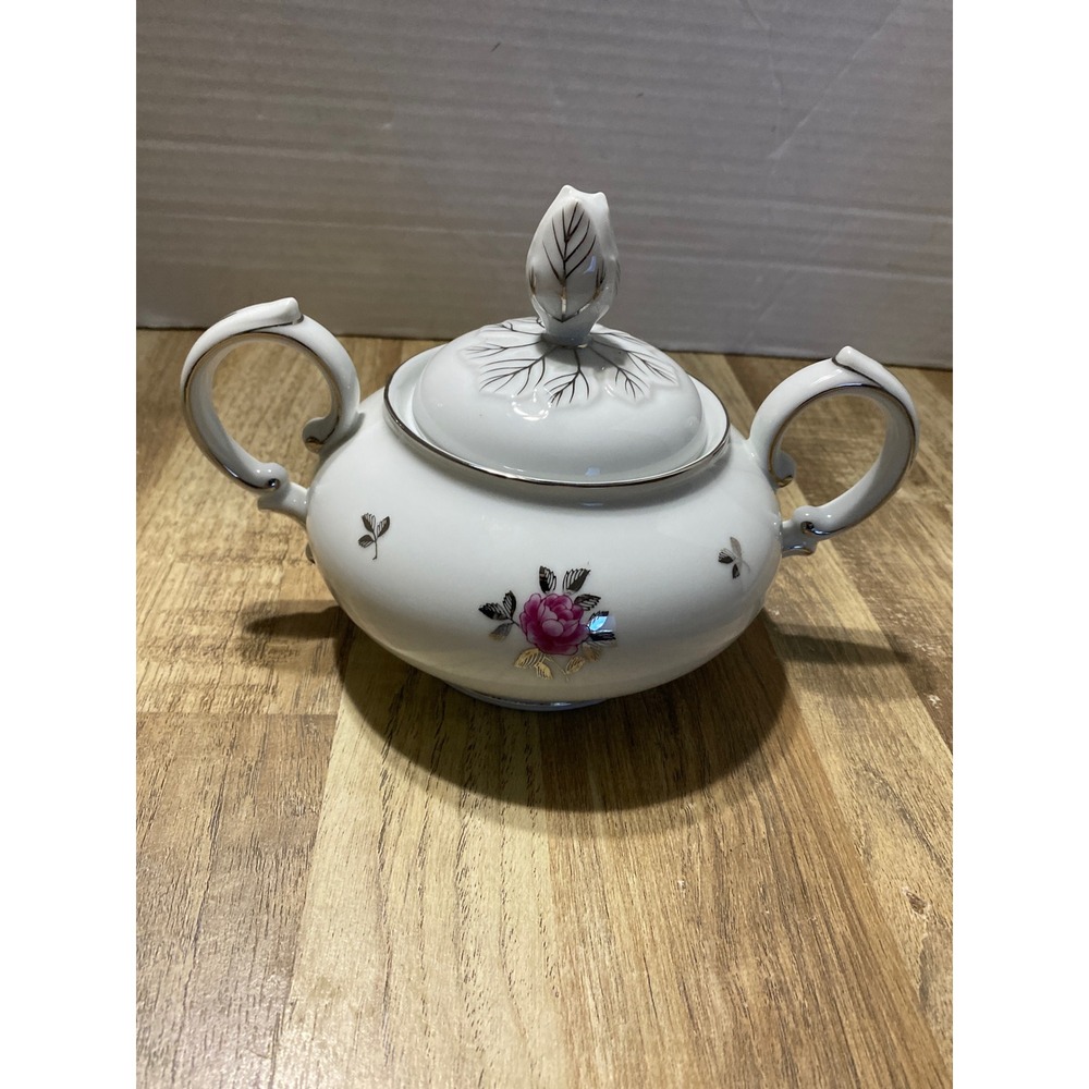 Fukagawa Arita Porcelain Sugar Bowl with Lid Pink Rose Silver Hand Painted